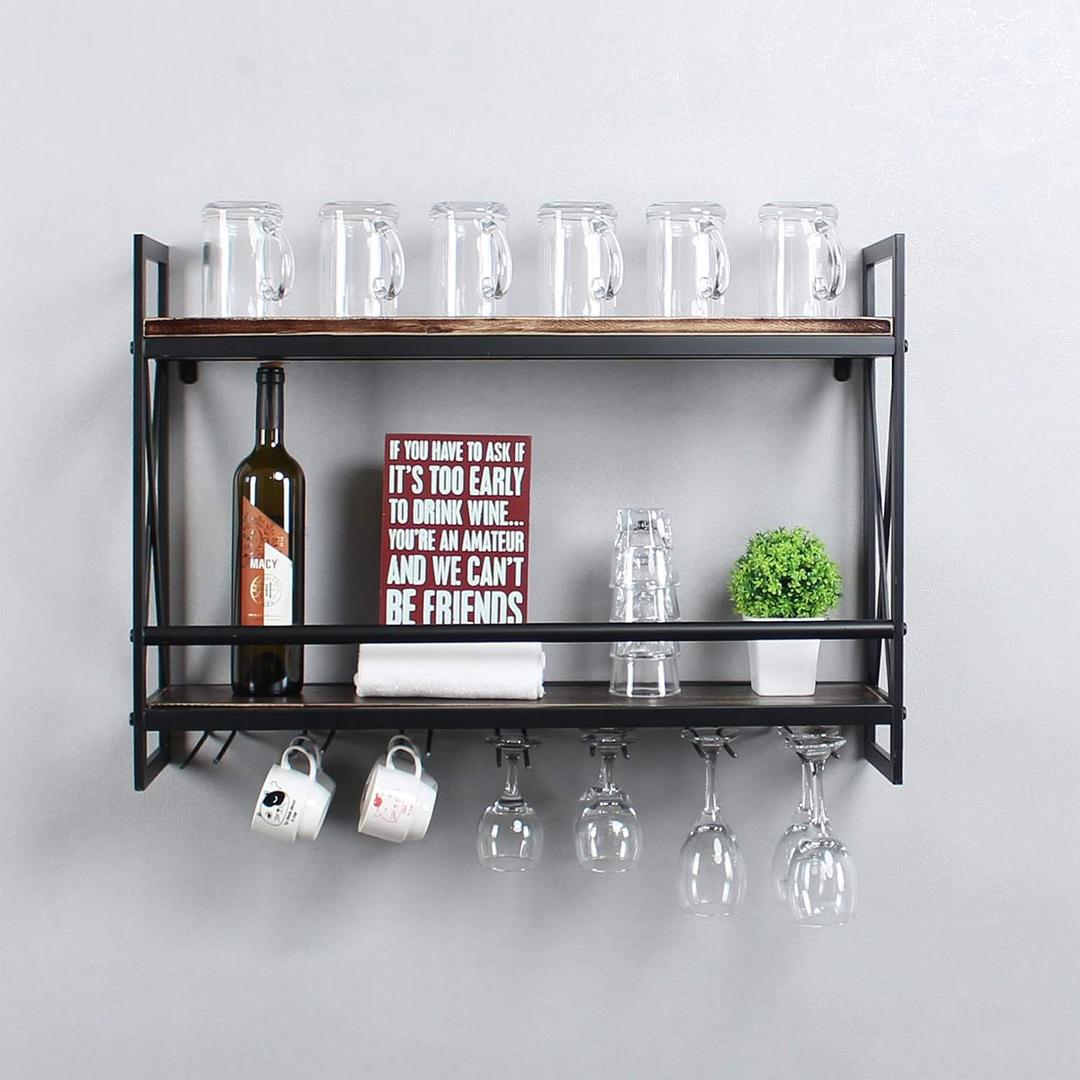 MBQQ Rustic Wall Mounted Wine Racks with 7 Stem Glass Holder,30in Industrial Metal Hanging Wine Rack,2-Tiers Wood Shelf Floating Shelves,Home Room Living Room Kitchen Decor Display Rack,Retro Black