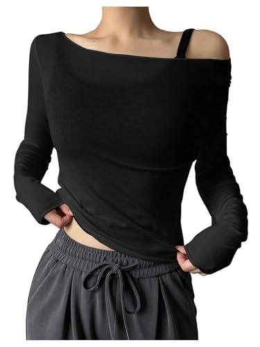 QJQ Women's Sheer Mesh Off The Shoulder Tops Long Sleeve See Through Shirts Going Out Party Club Outfits Black XX-Large