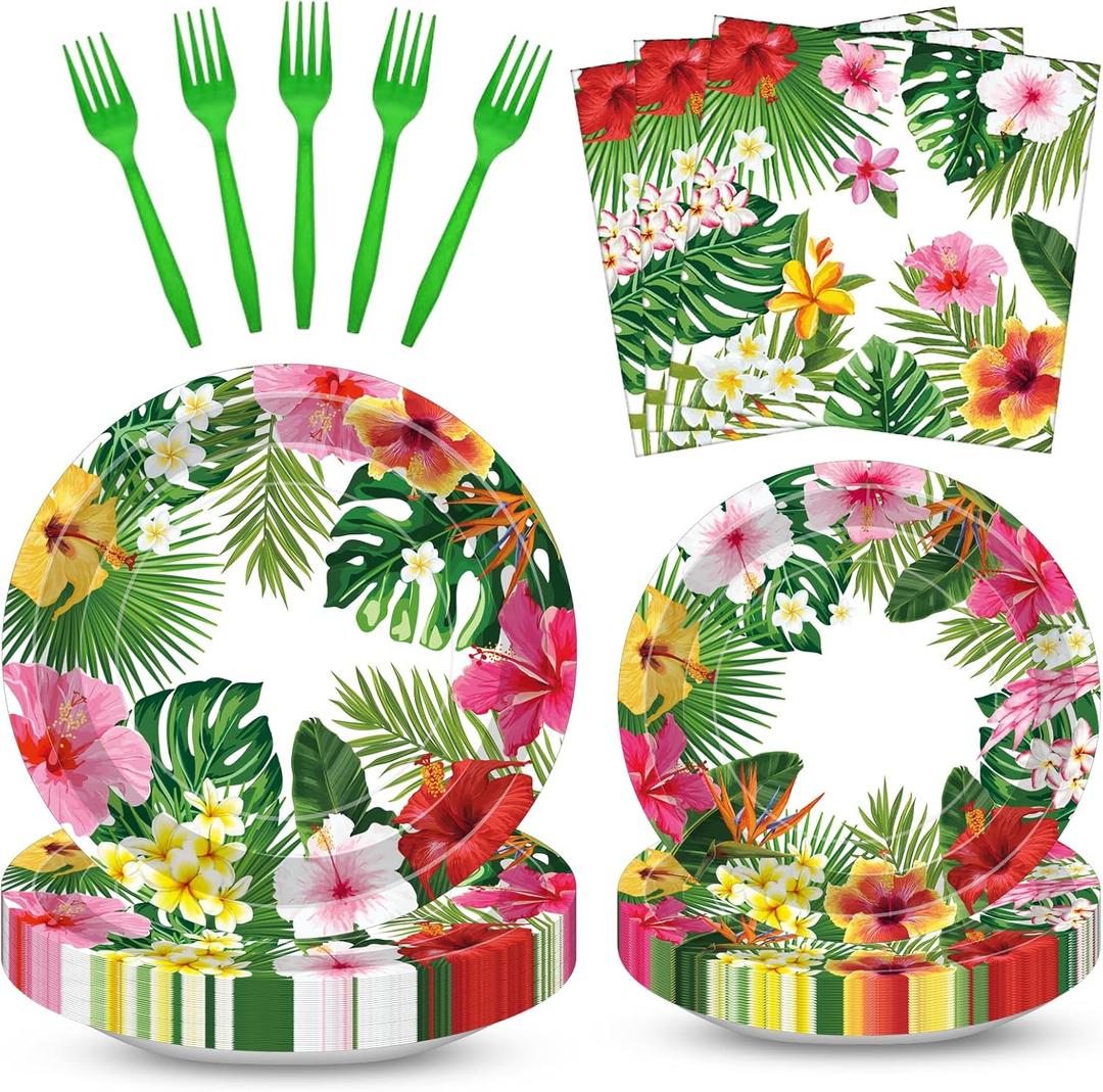 100 Pcs Tropical Luau Party Supplies Set, Serves 25  Disposable Hibiscus Floral Paper Plates, Napkins, and Forks, Hawaiian Themed Tableware for Summer BBQ, Pool and Beach Aloha Birthday Decorations