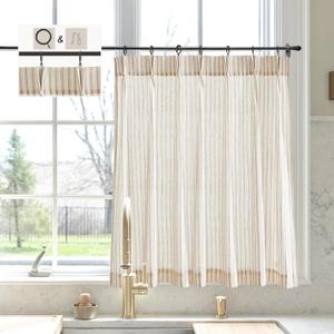 LIMON HOME Beige Striped Linen Kitchen Curtains 36" W x 30" L Pinch Pleat Cafe Curtains 1 Panels