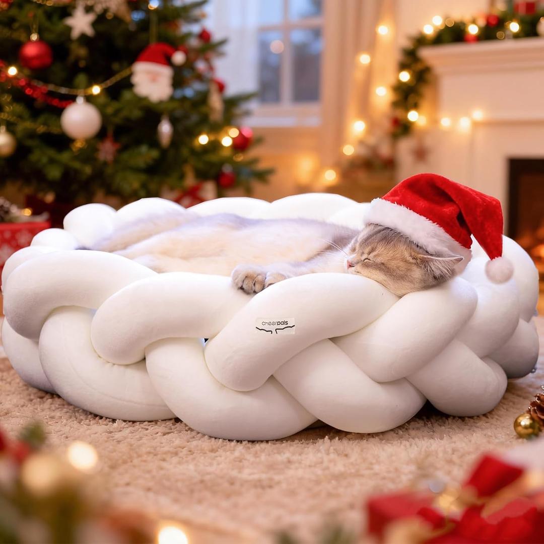 CHEERPALS Weave Cat Bed for Indoor Cats,Cute Pet Bed with Washable Cushion Fluffy Kitty Bed for Small Dog(White)
