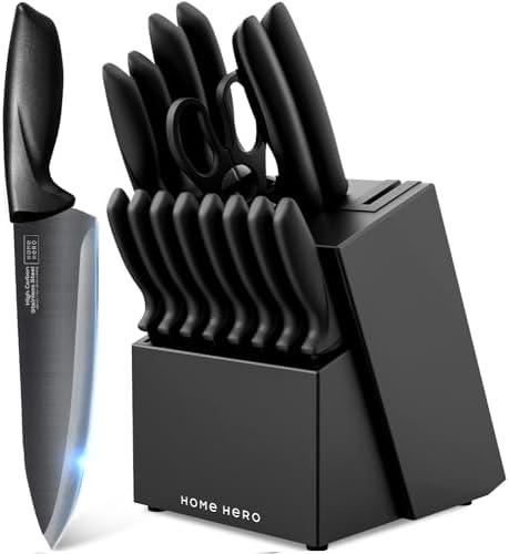 Home Hero Kitchen Knife Set with Sharpener - High Carbon Stainless Steel Knife Block Set with Ergonomic Handles (10 Pcs - Black)