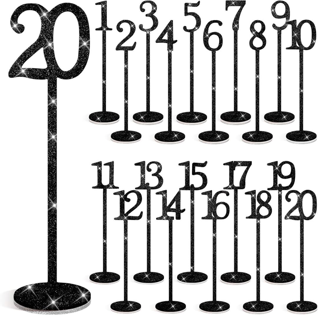 Chunful 20 Pcs Glitter Table Numbers 1-20 Wooden Wedding Table Numbers for Wedding Reception, Banquet, Catering Events, with Holder Base(Black)