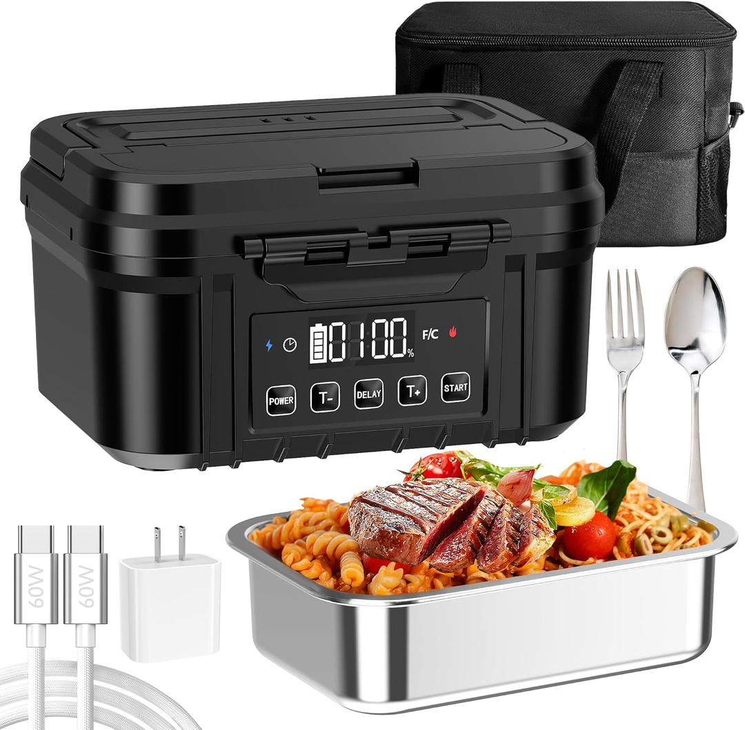 FERVINOW Cordless Electric Lunch Box for Adults  Battery-Powered Heated Lunch Box with 1.2L Stainless Steel Container, Timer Function, and Leak-Proof Food Warmer for Work, Travel & Office (Black)