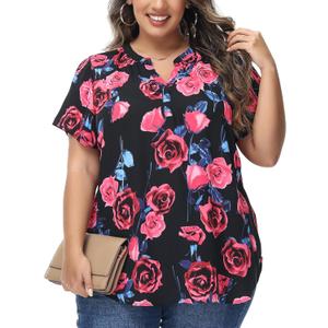 MCEDAR Women's Plus Size Chiffon Blouse Short Sleeve Split V Neck Floral Casual Summer Dressy Work Tops (1X, Red Flower)