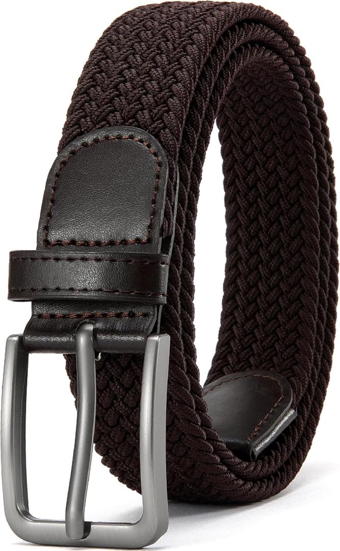 DOOPAI Braided Stretch Belt for Men, Elastic Woven Belt, casual Fabric Golf Belt, 1 3/8" for golf pants jeans, Gift Box (42"-46"Waist Adjustable, 02 Brown)