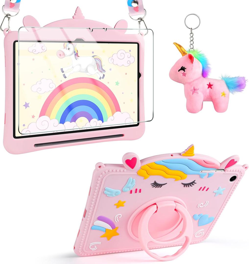 VOFUOE for Samsung Galaxy Tab A9 Plus Case for Kids Girls for Galaxy Tab A9+ Cases with Screen Protector Dolls Shoulder Strap Stand Soft Silicone Tablet Cover for Galaxy Tab A9 Plus 11 Inch 2023-Pink