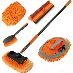 LAANPOLE 12FT Car Wash Brush with Long Handle, Car Cleaning Kit with Soft Bristle Wash Brush, Microfiber Cleaning Mop, Window Squeegee, Mitt, Wheel Brush for RV, Truck, Boat, House Siding