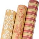 LaRibbons Kraft Christmas Wrapping Paper Rolls with Cutlines, Rustic Christmas Toile/Deer/Snowflakes/Stripe Design for Xmas, Holiday, New Year, 17 Inch  10 Feet-3Roll