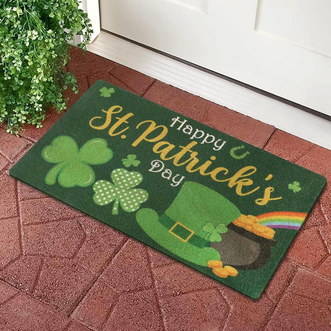 Happy St.Patrick's Day Clovers Doormat Green Indoor Outdoor Rainbow Gold Pot Home Front Porch Rugs Leprechaun Hat Carpet Gift Spring Entrance Ornament Supplies 17 x 30 Inches