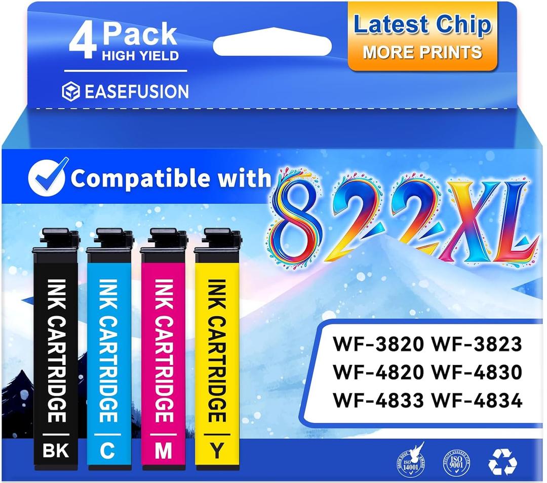 Latest Chip Remanufactured Ink Cartridges Replacement for Epson 822XL 822 XL Ink Cartridges Combo Pack High Capacity Ink Works with Workforce Pro WF-3820, WF-3823, WF-4820, WF-4830, WF-4833 (5-Pack