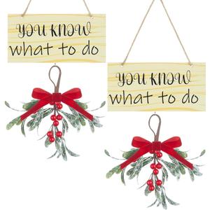 2 Pcs Christmas Mistletoe Decor Artificial Mistletoe Ornaments You Know What to Do Hanging Wood Sign Christmas Ornamnets with Red Velvet Bow for Xmas Door Home Party Decoration Supplies