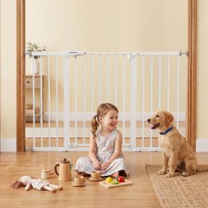 Mumeasy 36" Extra Tall Baby Gate for Doorways, 29.7"-57" Extra Wide Dog Gate for Stairs, Pressure Mounted Auto Close Pet Safety Gate with Easy Walk Thru Door, Large Indoor Child Gate for House, White