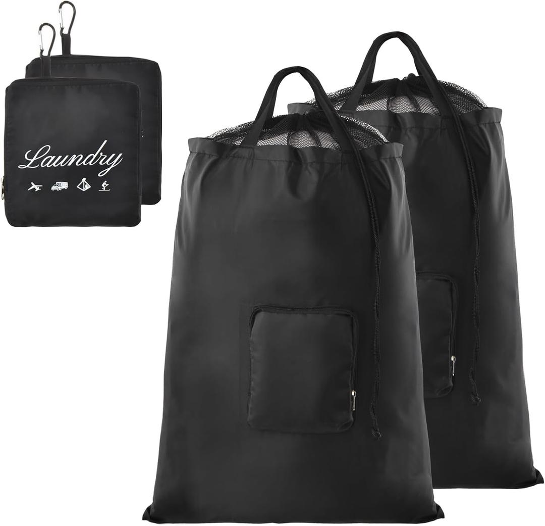 Travel Laundry Bags, 2Pcs JHX Foldable Dirty Clothes Bag 【Upgraded】 with Fixed Drawstring Net, Handles and Carabiner, Portable Laundry Bags for Travel and Fitness (Dark-Black) 30"H x 21"W