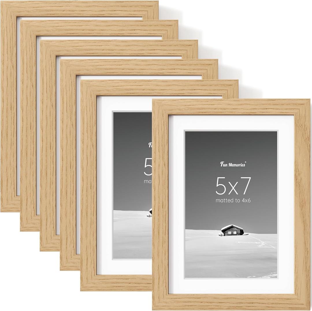 Fun Memories 5x7 Picture Frame Set of 6, Display Pictures 4x6 with Mat or 5x7 Without Mat, 5 x 7 Frame for Photos, Posters & Art Prints, Gallery Photo Frames for Wall & Tabletop Display, Natural