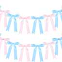 2 Pack Large Bow Garland Banner, 6.7ft Pre-Strung Satin Ribbon Decor for Wedding, Bridal & Baby Shower, Birthday, Bachelorette Party Backdrop Decorations (Pink and Blue)