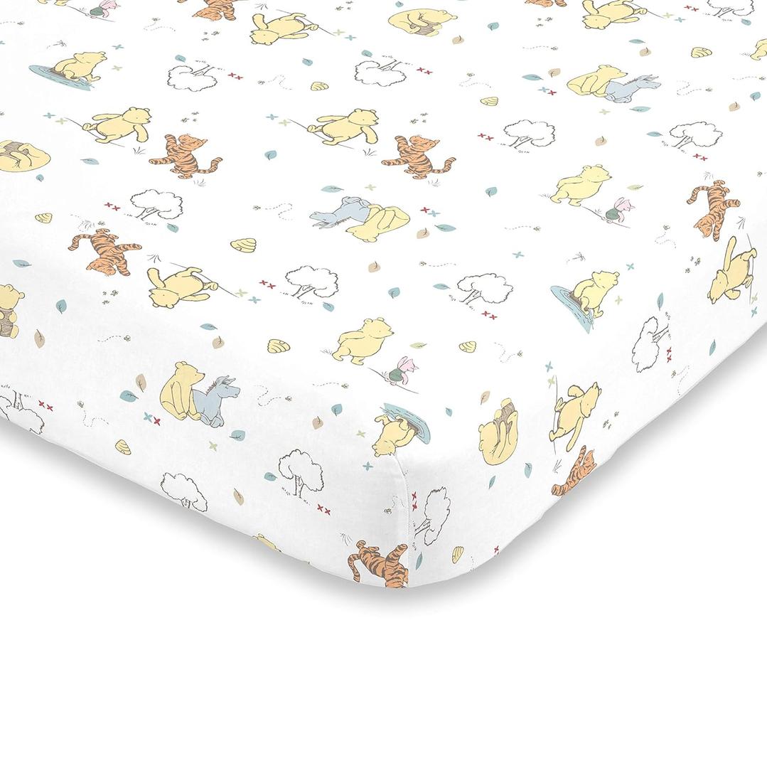 Disney Winnie The Pooh Classic Pooh 100% Cotton Fitted Mini Crib Sheet in Ivory, Butter, Aqua and Orange