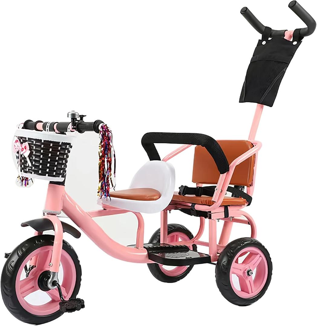 Kids Trike Bike Stroller- Double Tricycle Easy for Toddler with Removable Push Handle,Safety Harness,High Carbon Steeltrike Frame,Boys and Girls Ages Year Old, Pink