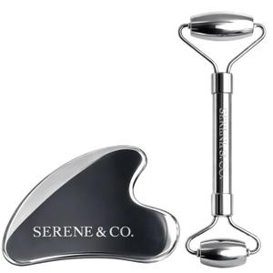 Serene & Co. Premium Stainless Steel Gua Sha & Face Roller Set Facial Massage Tools for Skincare Routine Cooling Metal Roller & Sculpting Gua Sha