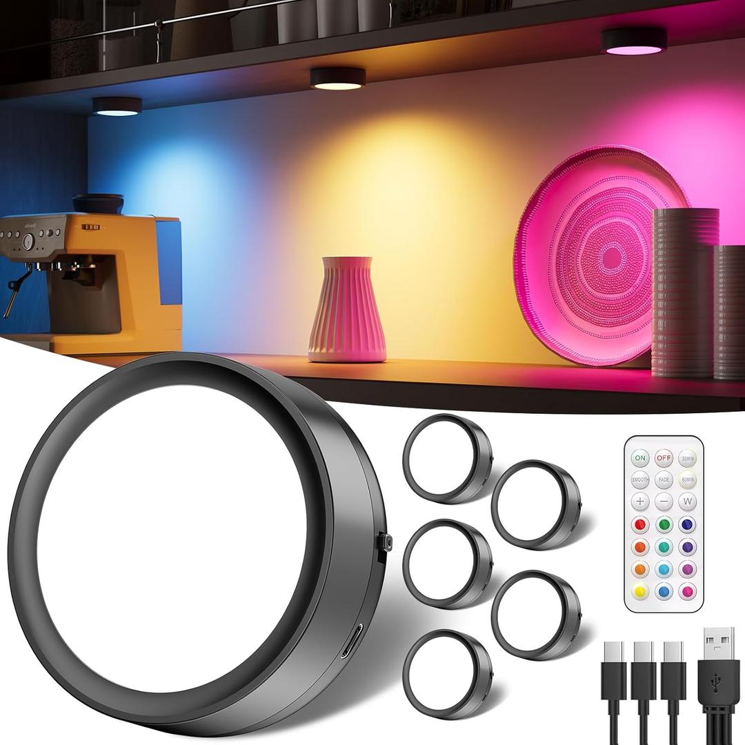 USB Rechargeable RGB Puck Lights with Remote, 2400mAh Color Changing Battery Powered Tap Light Classroom Magnetic Push light Stick On Closet lamp Wireless LED Shelf Lighting Under Cabinet Touch Lights