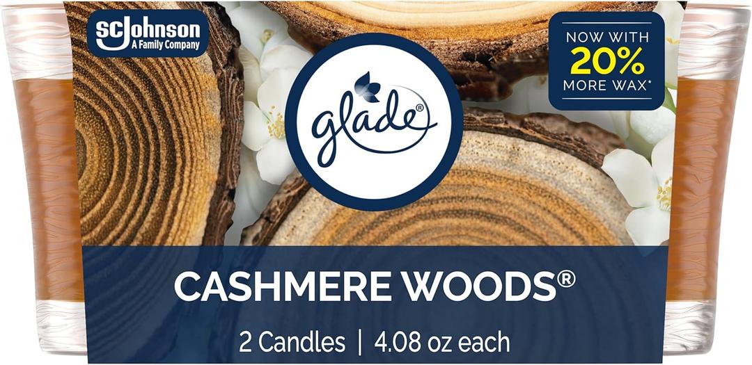 Glade 1-Wick Scented Candle Jar, Cashmere Woods, Air Freshener Infused with Essential Oils, 4.08 Oz, 2 Count