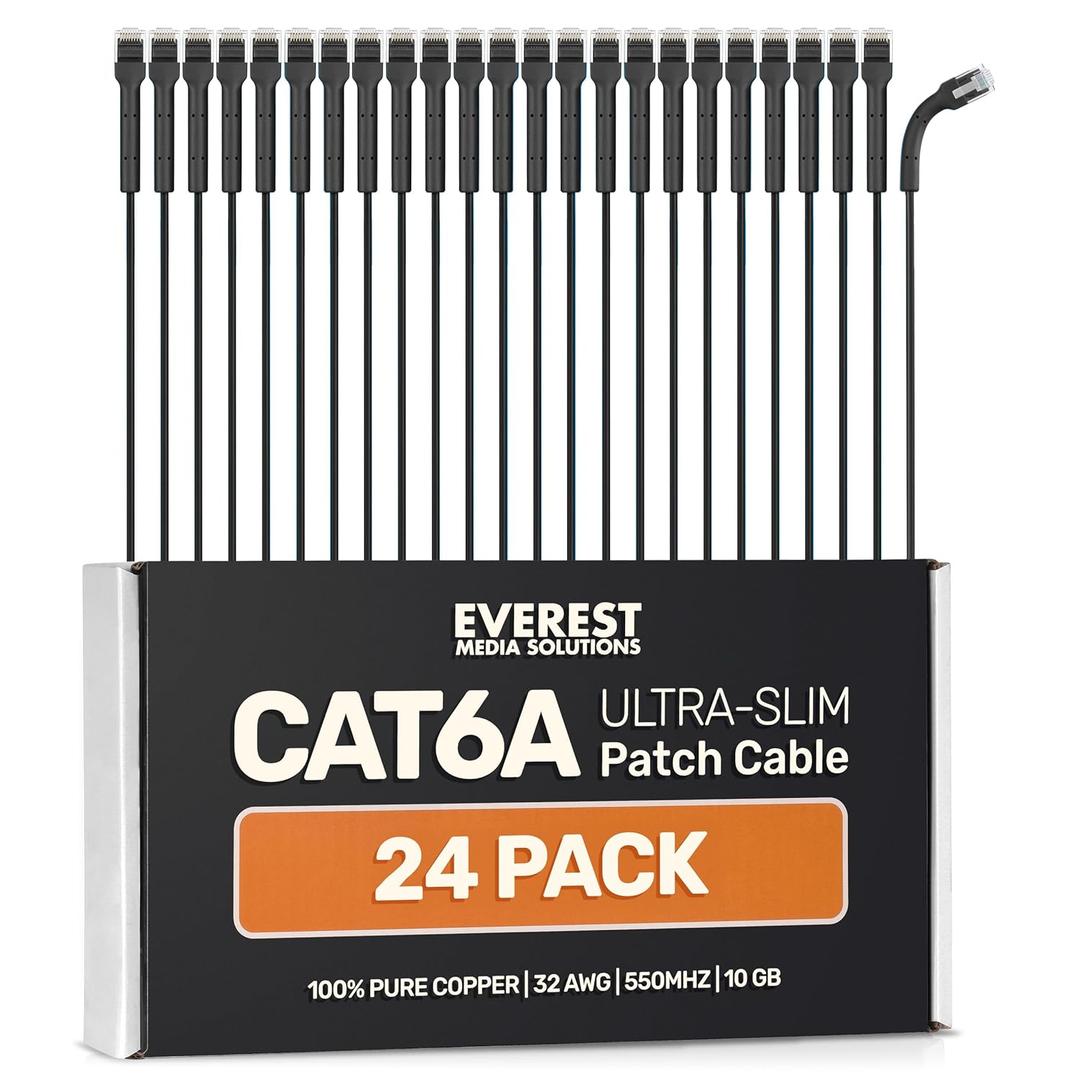 Everest Ultra Slim Cat6a Ethernet Patch Cables 3ft (24-Pack) Black - 10GB Cat 6a Patch Cable - Bendable, Flexible & Thin Ethernet Cable - Space Saving 32AWG 550MHZ Cat6a Cables - 100% Copper Wires