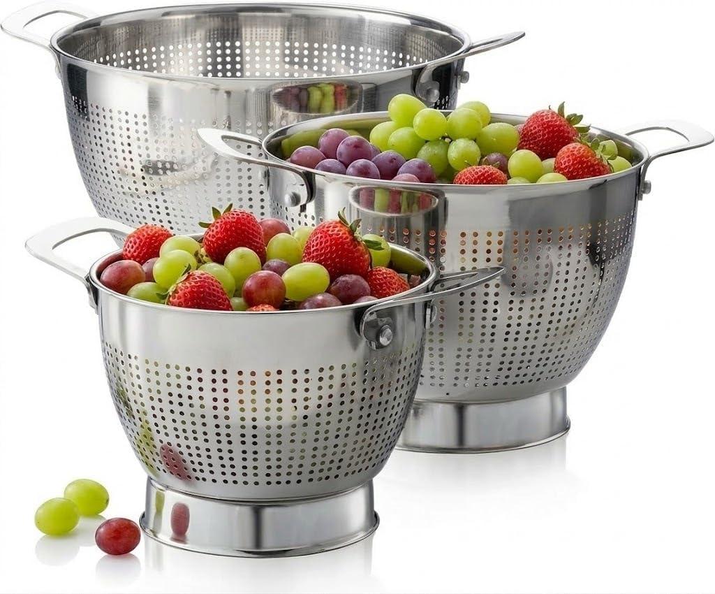 YH-Goods Stainless Steel Colander - 3-Piece Kitchen Sink Strainer Set for Pasta, Rice, Fruit, Food - Stackable Strainers and Colanders (5-Quart, 3-Quart, and 1.5-Quart)