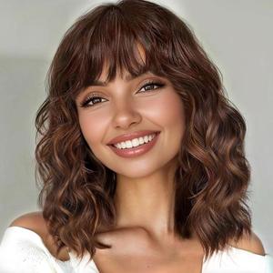 XIXIBI Brown Highlights Wigs with Bangs 14 inch Short Wigs for Women Bob Curly Wavy Hair Shoulder Length Synthetic Wig Natural Wigs for Cosplay Daily Use