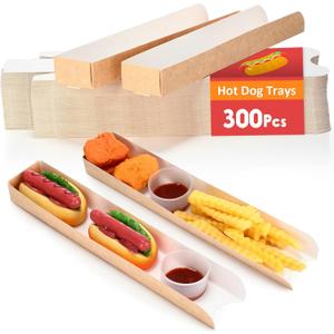 Layhit 300 Pcs Hot Dog Trays Disposable 11.8 x 2 x 1.2 Inch Open Hot Dog Containers Paper Serving Trays Hotdog Holder for Nachos Tacos Fries BBQ Festivals Party Greaseproof (Regular,Brown)