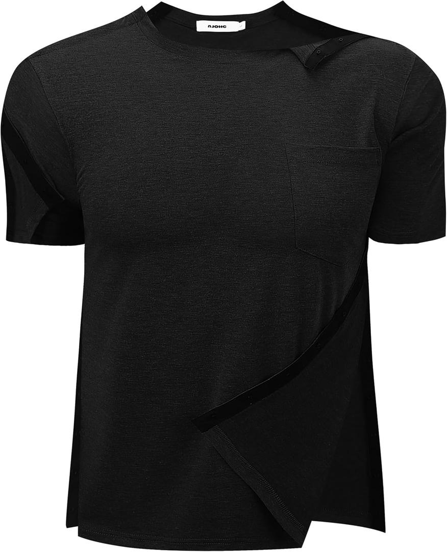 Post Shoulder Surgery Recovery Shirts for Men - Tear Away Snaps Adaptive Chemo Port & Rotator Cuff Shirt Short Sleeve,XXL