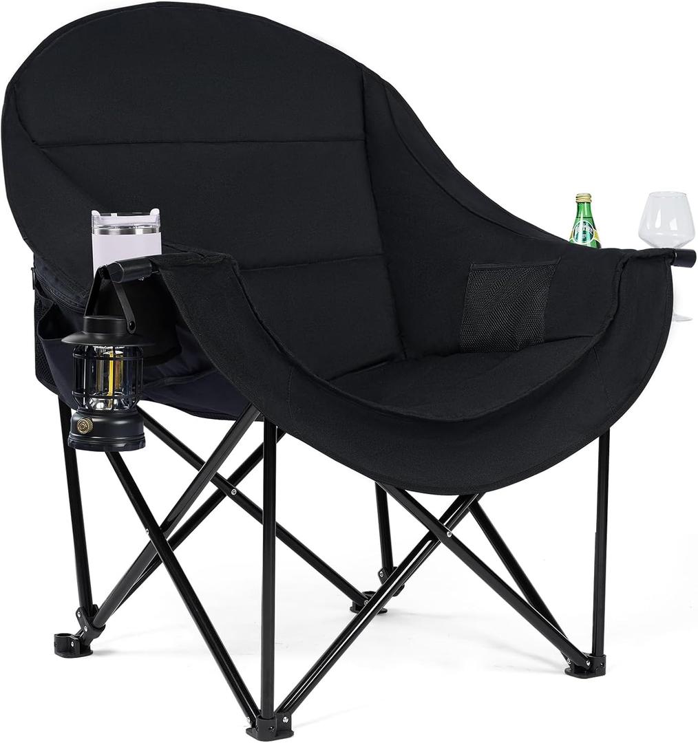 Oversized Camping Chairs for Adult - Heavy Duty Padded Portable Folding Chair XL Collapsible Camp Chair with Cup Holder Side Pocket for Outdoor Lawn Beach Sport Fishing Support 500LBS, Black