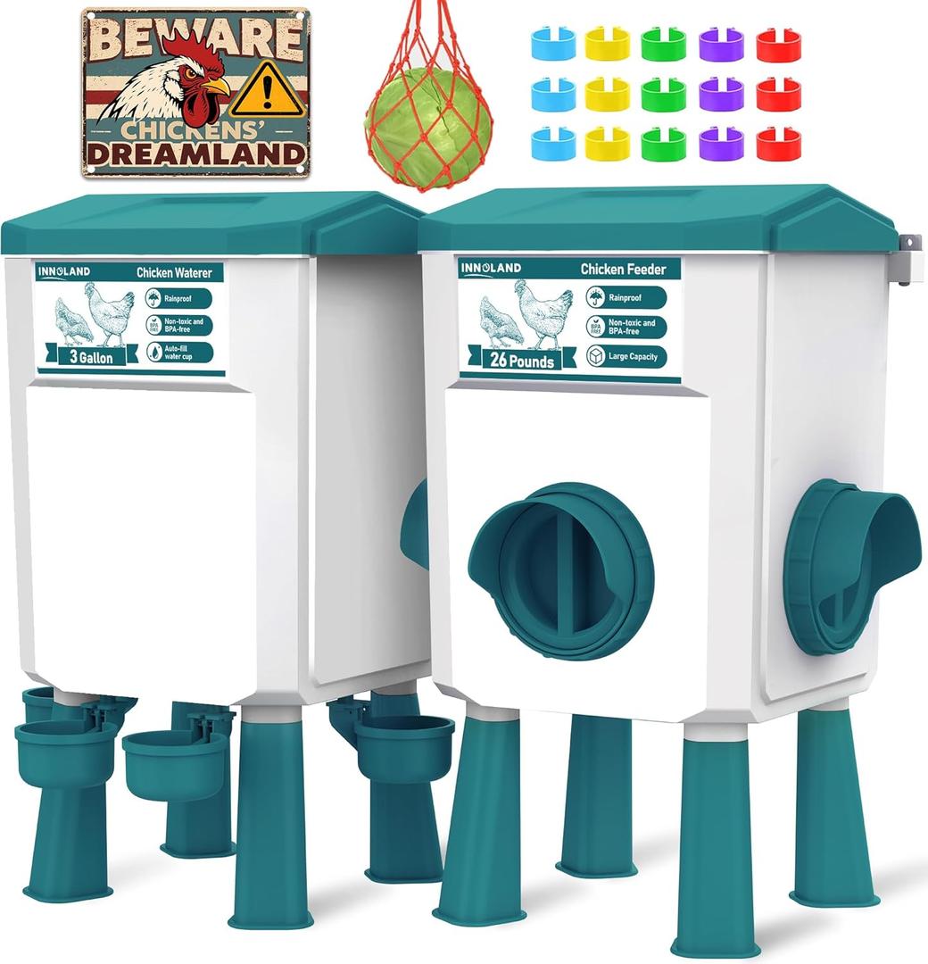 Chicken Feeder and Waterer Set - 3 Gallon/26.5 Pounds, Automatic Chicken Waterer with 4 Cups & 3 Feeder Ports, No Waste Poultry Feeder & Waterer, Chicken Coop Accessories for Hens/Ducks/Poultry (Blue)