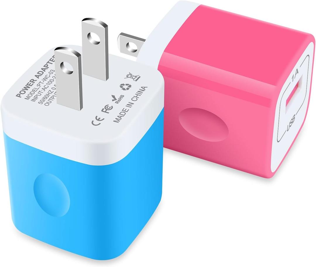 USB Wall Charger Block 2-Pack, 5V 1A Power Adapter for iPhone 14/13/12/11/XS/8 Plus, Samsung Galaxy S23/S22/S21/S10/S9, Google Pixel, USB Cube for Home Travel (Bluepurple)