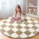 KICMOR Round Rugs for Bedroom, 4ft Fluffy Soft Circle Area Rug Beige and Cream White Checkered Shag Shaggy Carpet Small Living Room Circular Rug for Kids Boys Girls Dorm Nursery Home Decor Aesthetic