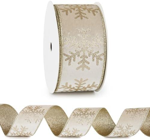 DINDOSAL Snowflake Velvet Ribbon 2.5" x10 Yards Champagne Gold Velvet Ribbon for Tree Decoration, Reversible Champagne Gold Christmas Ribbon for Gift Wrapping, Crats, Garlanads, Home Decor Pack of 6
