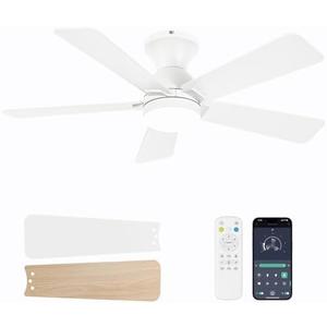 Dolavast Ceiling Fans with Lights, 42 Inch Low Profile Ceiling Fan with Light and Remote Control, Flush Mount, Reversible, 3CCT, Dimmable LED, Quiet, White Ceiling Fan for Bedroom, Kitchen
