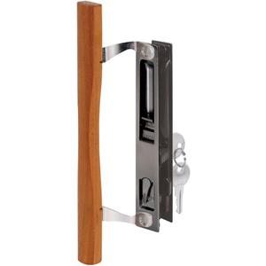 Prime-Line C 1032 Keyed Sliding Glass Door Handle Set  Replace Old or Damaged Door Handles Quickly Wood and Black Painted Diecast, Hook Style, Flush Mount, Fits 6-5/8 in. Hole Spacing (1 Set)