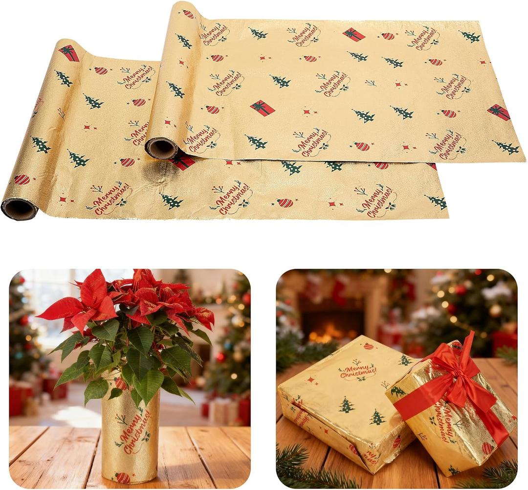 2 x Adnee 2 Roll 10 Yard Floral Foil Plant Pot Covers, Matte Texture Christmas Plant Pot Foil with Patterns, Golden Floral Pot Wrapping Paper for Christmas Home Flower Pot DIY decor