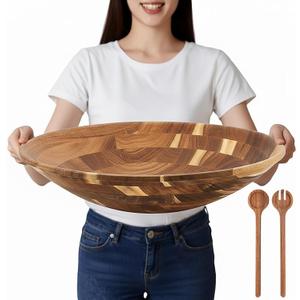 Geiserailie Extra Large 18 Inch Acacia Wood Salad Bowl Set Wooden Serving with Serving Utensils Oversized All Purpose Bowl for Fruits Salad Kitchen for Housewarming Wedding Table Display Gift