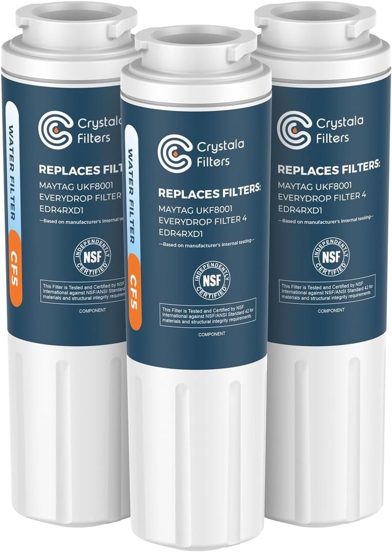 Crystala Filters UKF8001 Compatible with Everydrop Filter 4, EDR4RXD1, Whirlpool Refrigerator Water Filter 4, 4396395, Maytag UKF8001, WHR4RXD1, KAD4RXD1, 46-9006, Puriclean II, PH21500, Pack of 3