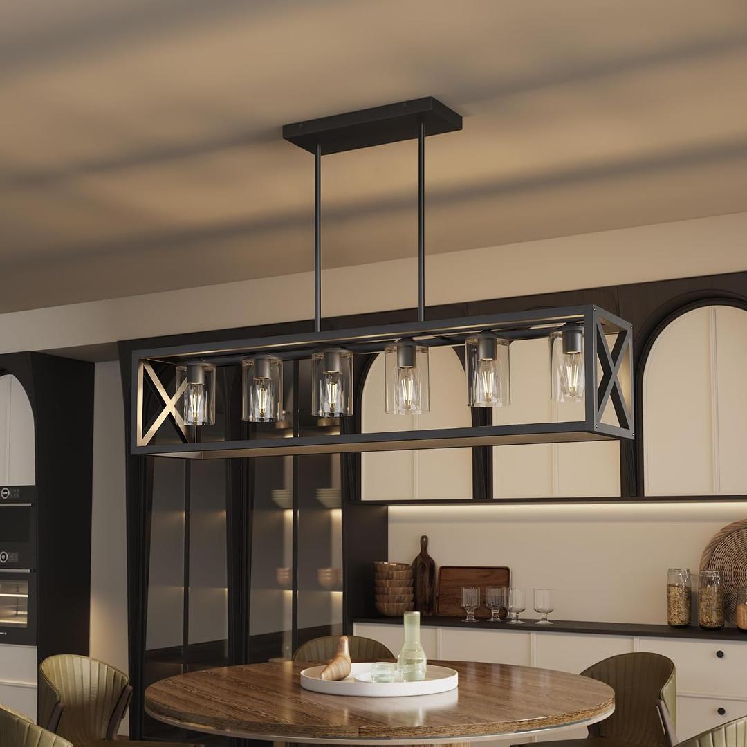 Farmhouse Dining Room Light Fixture - 6 Light Kitchen Island Lighting with Adjustable Height & Thickened Metal Dining Room Light Fixture Over TableChandeliers for Dining Room&Kitchen Island