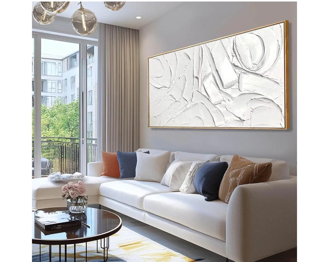 XIANSHOU White Artwork for Walls Contemporary Abstract Art Hand Painted 29"x58" Line Art Wall Decor Large Wall Art for Living Room Bedroom Hotel