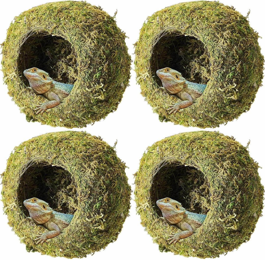 Tinideya 4 Pcs Mossy Cave Hide Artificial Green Reptile Mossy Hideout 4 Inch Humidity Crested Gecko Tank Decor for Pet Reptile Frogs Snakes Turtle Spider Lizard Chameleon, Terrarium Vivarium Decor