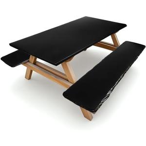 1 Pcs Picnic Table and Bench Fitted Tablecloth Cover for 6 Ft Table 30 x 72 Inch Vinyl Fitted Elastic Edges Waterproof Wipeable Tablecloth for Indoor Outdoor Travel Picnics Patio Camping (Black)