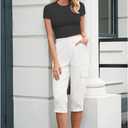 LookbookStore Capri Pants for Women High Waisted Cargo Casual Elastic Waist Rolled Hem Summer Capris Pants with Pockets (White, XXL)