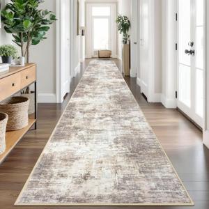 IOHOUZE Abstract Runner Rug 3x18 Ft Extra Long Washable Runners for Hallways, Non Slip Kitchen Runner Printed Faux Wool Entryway Runner Indoor, Modern Abstract Floor Carpet for Hall Stair, Beige Brown (Gold/Yellow/Brown/Beige/White)