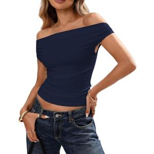 Off the Shoulder Tops for Women Sleeveless Polka Dot Crop Tops Asymmetrical Ruched Shirts Summer Casual Y2K T Shirts (Blue, L)