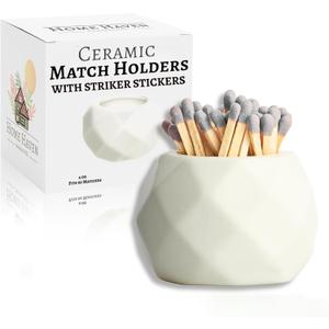 Ceramic Match Holder with Striker Pads - Classic White Oval - Cute Bathroom Matches Holder | Living Room Decor | Centerpiece Table Decorations - Matches Not Included