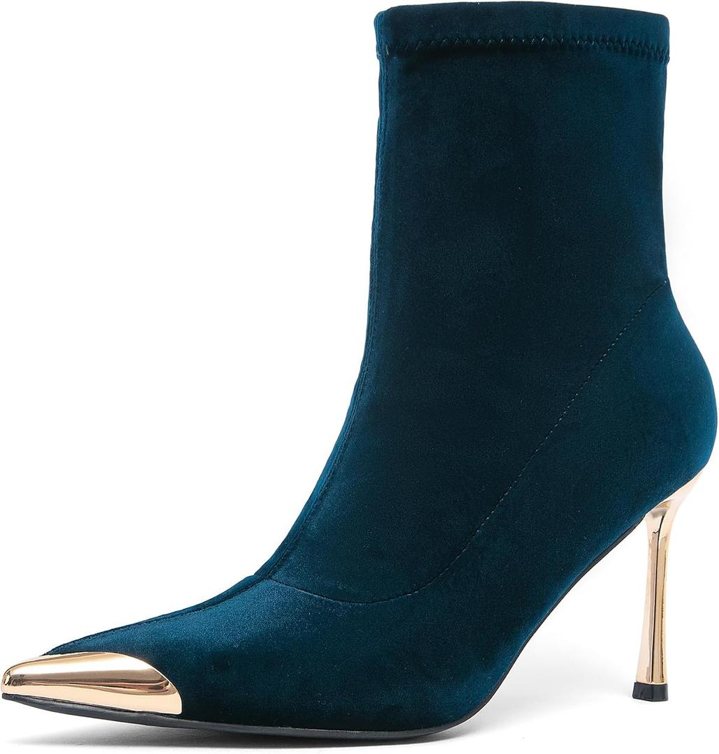 NEWBELLA Women's Ankle Boots Pointed Toe Stiletto Heel Metal Cap Toe Booties for Party Club, 7.5