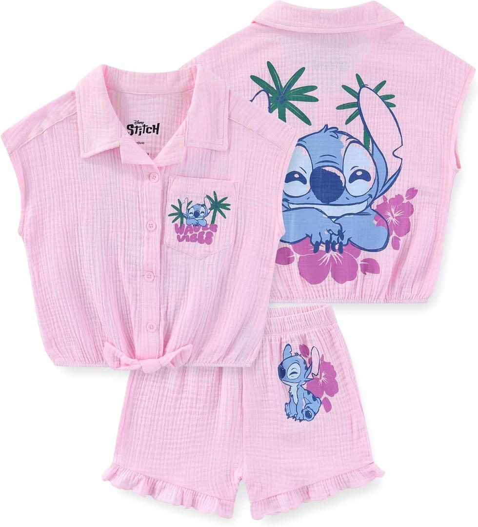 Disney Lilo & Stitch Girls Gauze Button Down Shirt and Shorts Set for Big Kids, 8